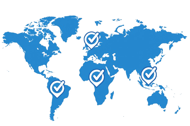 A world map with location markers showing global delivery coverage